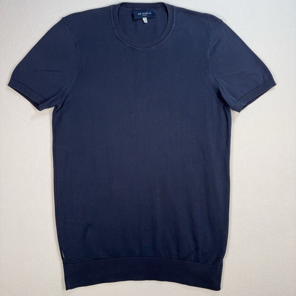 Mr Marvis The Knitted Organic Cotton T-Shirt Men's‎ M Navy Crewneck Tee *HOLE*